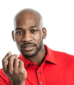Portrait of a handsome late 20s black man with show me the money expression isolated on white background